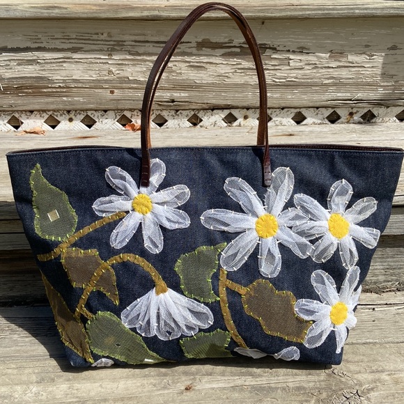 Fendi Floral Appliqué Denim Shopper Tote Bag Purse - Picture 2 of 16